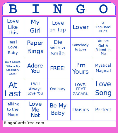 Valentine’s Day Music Bingo Card 2
