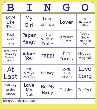 Valentine’s Day Music Bingo Card