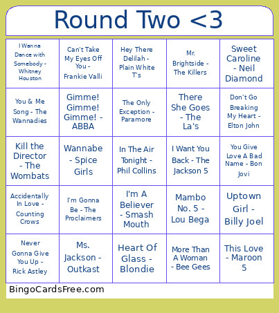Valentines Round Two Bingo Card