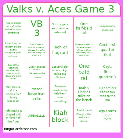 Valks V. Aces Game 3 Bingo Card