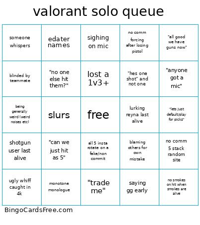 Valorant Solo Queue Bingo Card