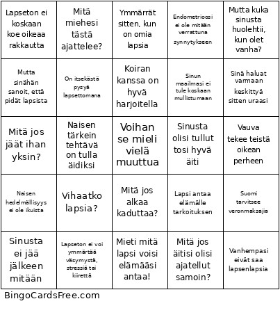 Vapaaehtoinen Lapsettomuus Bingo Card