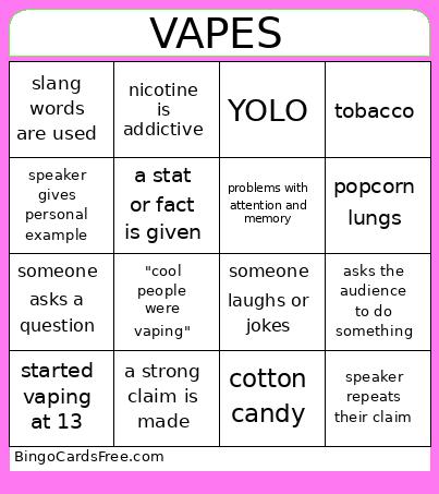 Vape Podcast Bingo Card