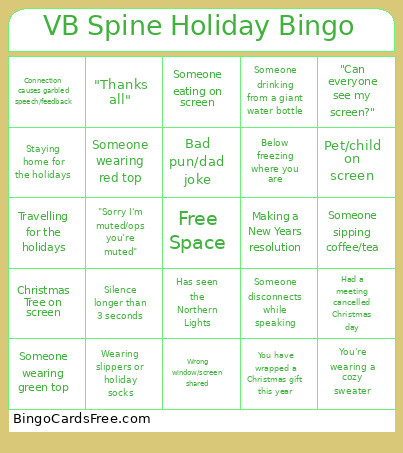VB Spine Holiday Bingo Card