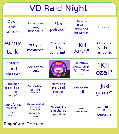 VD Raid Night Bingo Card