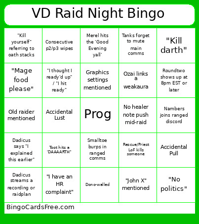 VD Raid Night Bingo Card