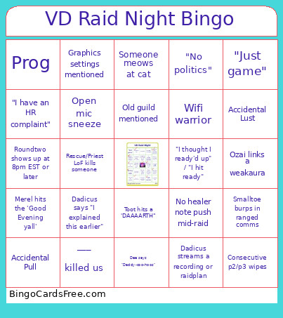 VD Raid Night Bingo Card