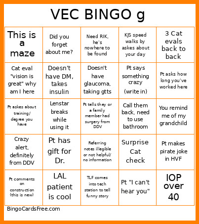 VEC G Bingo Card