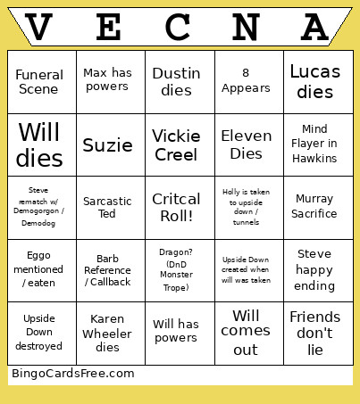 VECNA Bingo Card
