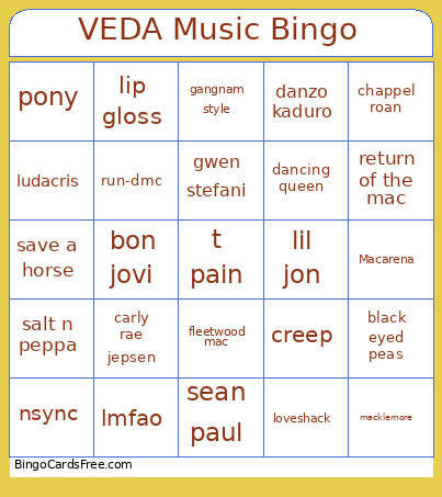 VEDA Music Bingo Card