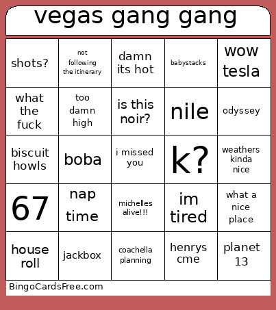 Vegas Gang Gang Bingo Card