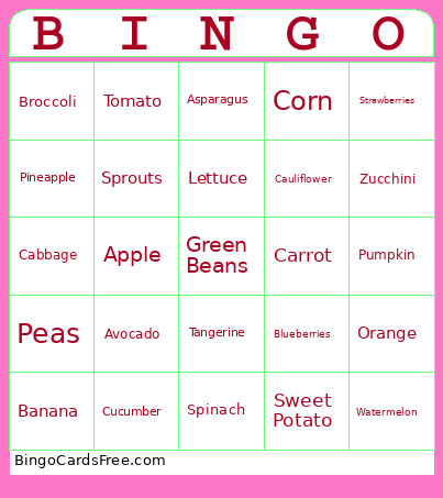 Veggies & Fruit Bingo Card