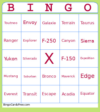 Vehicles Bingo Card