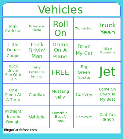 Vehicles Bingo Card