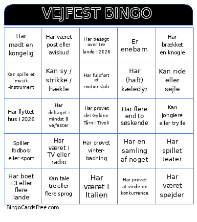 VEJFEST Bingo Card
