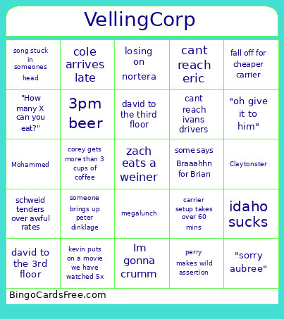 VellingCorp Bingo Card