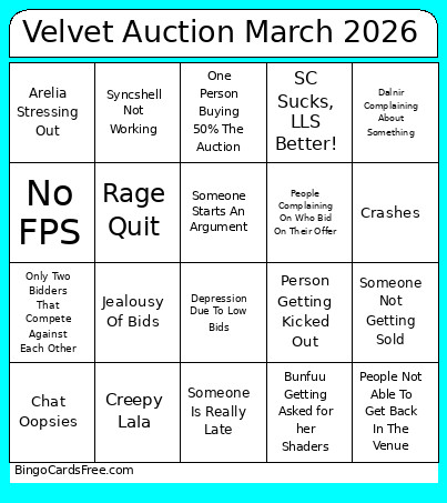 Velvet Auction March 2026 Bingo Card