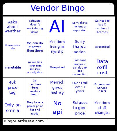 Vendor Bingo Card