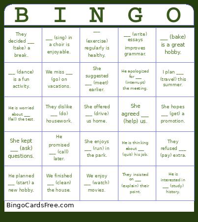 Verb Patterns Bingo