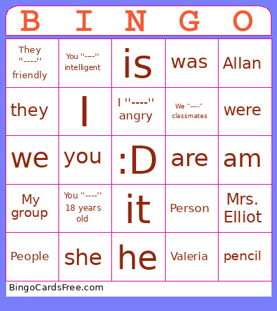 Verb TO BE Bingo Card