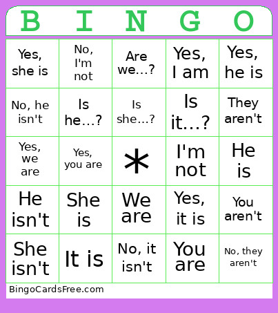 Verb To Be Bingo Card