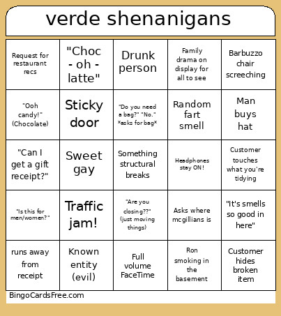 Verde Shenanigans Bingo Card