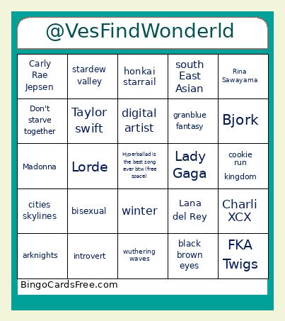 @VesFindWonderld Bingo Card
