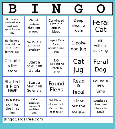Vet Tech Bingo Card