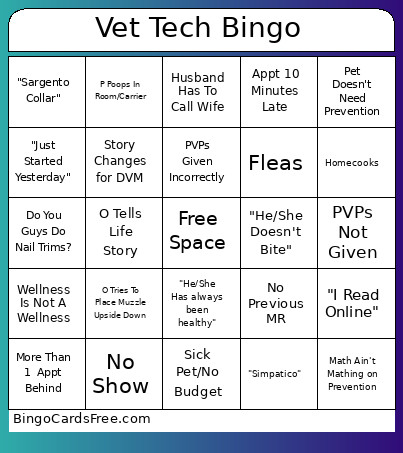 Vet Tech Bingo Card