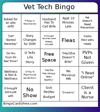 Vet Tech Bingo Card