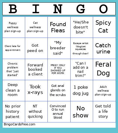 Vet Tech Bingo Card
