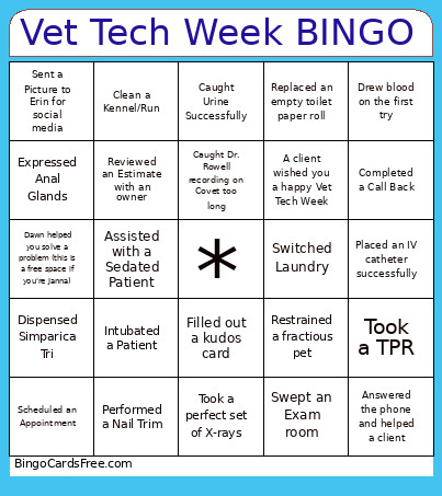 Vet Tech Week Bingo Card