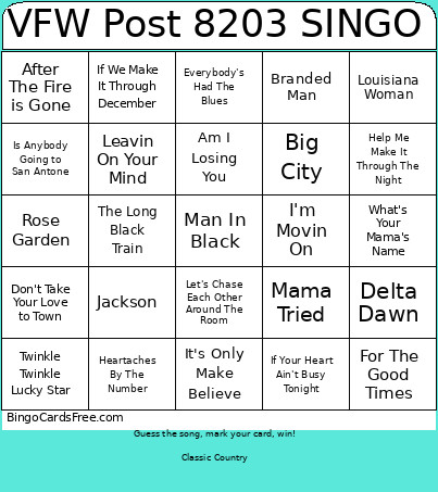 VFW Post 8203 SINGO Bingo Card