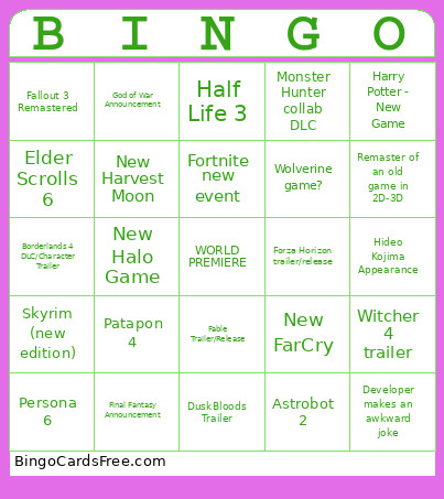 VGA Award Announcement Bingo Card 2