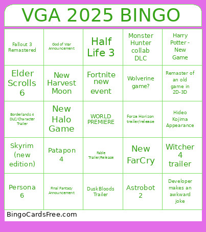 VGA Award Announcement Bingo Card