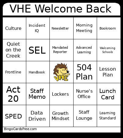 VHE Welcome Back Bingo Card