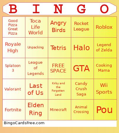 Video Game Bingo Card