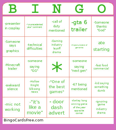 Video Game AWARDS Bingo Card