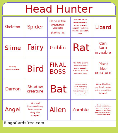 Videogame Monster Bingo Card