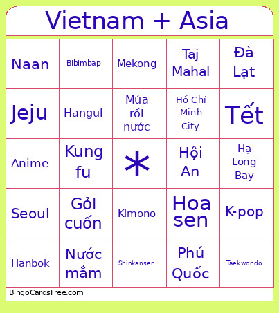Vietnam + Asia Bingo Card