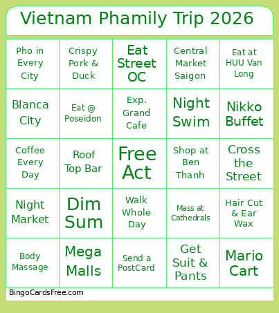 Vietnam Phamily Trip 2026 Bingo Card