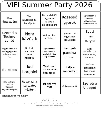 VIFI Summer Party 2026 Bingo Card