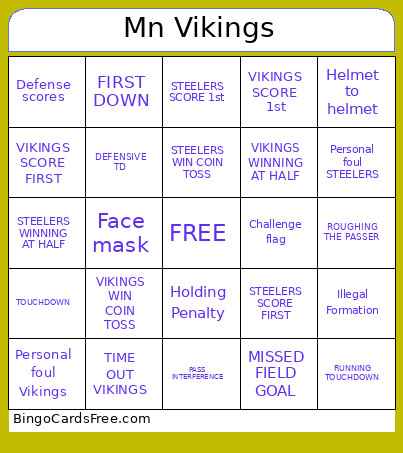 Vikings Vs Steelers Bingo Card