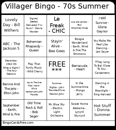 Villager - 70s Summer Bingo Card
