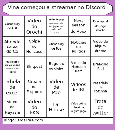 Vina Começou A Streamar No Discord Bingo Card