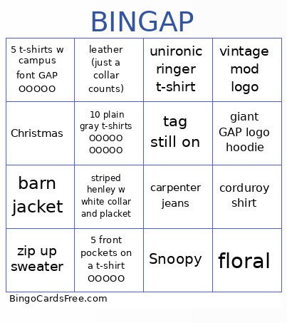 Vingate Gap Bingo Card