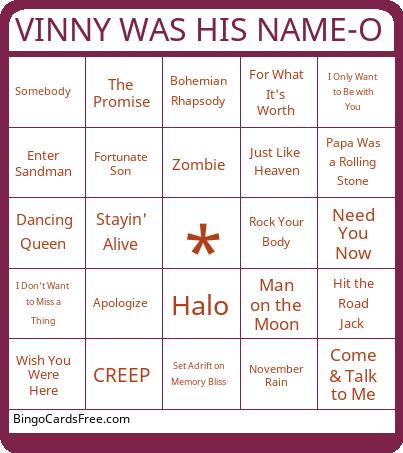 VINNY WAS HIS NAME-O Bingo Cards Free Pdf Printable Game, Title: VINNY WAS HIS NAME-O