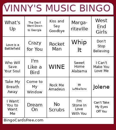 VINNY'S BINGO Cards Free Pdf Printable Game, Title: VINNY'S MUSIC BINGO