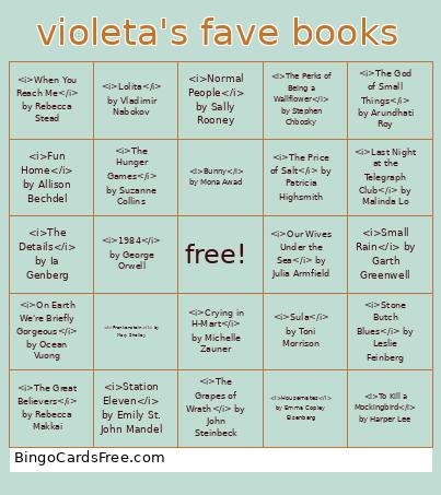 Violeta's Fave Books Bingo Card