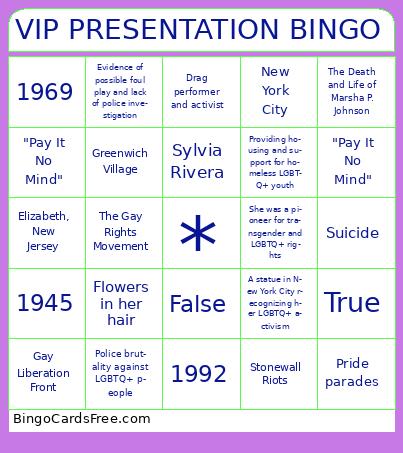 Marsha P Bingo Cards Free Pdf Printable Game, Title: VIP PRESENTATION BINGO